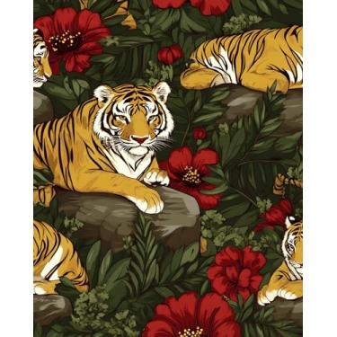 Imagem de Papel de parede Tiger Peel and Stick, vintage selva e safári tropical 43 cm x 38 cm, papel de parede floral vermelho boho para banheiro, quarto, armário, vinil, impermeável, removível, adequado para