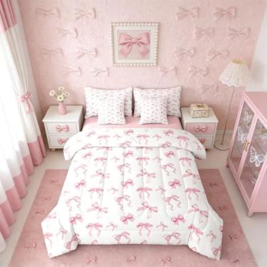 Imagem de Erosebridal Conjunto de edredom infantil kawaii com laço rosa, 7 peças | Cama com fita borboleta em uma bolsa para quarto, conjunto de cama fofo com gravata borboleta com edredom, decoração de quarto