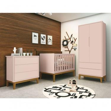 Imagem de Jogo De Quarto Para Bebê Completo 2 Portas Classic New Rosa Fosco Com Madeira - Moveisaqui