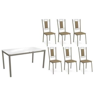 Imagem de Conjunto: Mesa Sala Jantar Reno C- Tampo De Vidro 150cm E 4 Cadeiras Florença Niquel - Courano Capuccino - Kappesberg