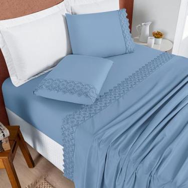 Imagem de Jogo de Lençol C/ Elástico Casal King Bordado Inglês 200 Fios Nobless 