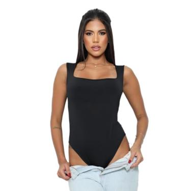 Imagem de Body Collant Feminino Suplex Regata Liso com Decote Quadrado Blusinha Tecido Duplo Elegante Básico Alças Largas Modelador Versátil Casual Moda Blogueira Gringa (Preto, GG)
