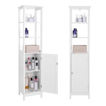 Imagem de VASAGLE Armário de armazenamento, torre de linho fina com gaveta e porta, para sala de estar, banheiro, quarto, 15,7 x 12,6 x 63 polegadas, branco UBBC63WT