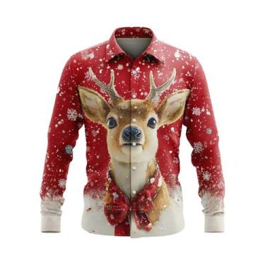 Imagem de Camisa Casual Masculina De Manga Longa Com Estampa De Floco De Neve E 