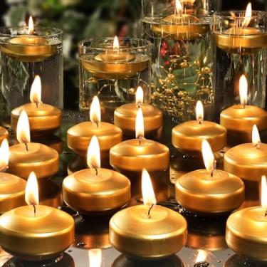 Imagem de GINITIRI Velas flutuantes douradas de 5 cm, pacote com 48 velas flutuantes sem cheiro para centros de mesa, vela ativada por água de 5 a 6 horas para vasos cilíndricos, piscina de casamento
