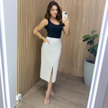 Imagem de Saia Midi em Linho com Elastano - Cacharrel Store, Bege, P