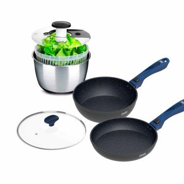 Imagem de Panelas Ichef Ultra Sauté Grand, Day by Day com Tampa 24cm Azul e Centrífuga de Salada ichef Salad Spinner | Azul