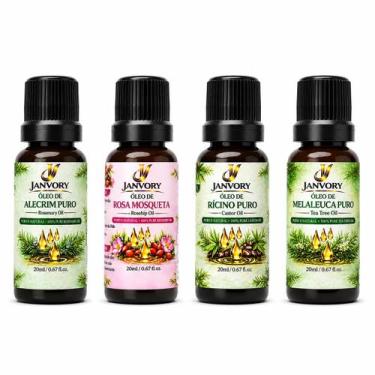 Imagem de Kit 4 Óleos Naturais 20ml Melaleuca, Rícino, Rosa Mosqueta e Alecrim -