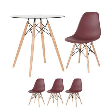 Imagem de Mesa Redonda Eames Com Tampo De Vidro 70 Cm + 3 Cadeiras Eiffel Dsw Marrom