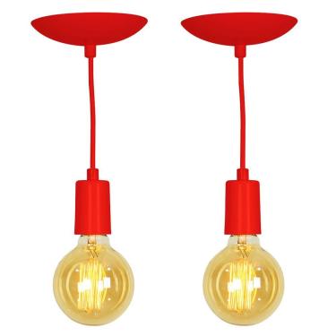 Imagem de Kit 2 Pendente Tubo Cilindro Alumínio Vermelho Fio 1.20m