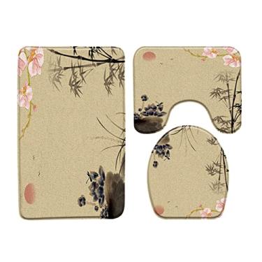 Imagem de Tapete de banho de bambu de tinta estilo chinês 3 conjunto de plantas pintadas à mão tapetes de banheiro tapete de banheira tapetes higiênicos antiderrapantes produtos de banheiro, 1036x, 3 pcs tapetes, 400mmx600mm