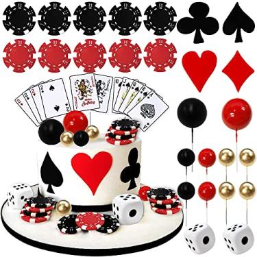 Imagem de Conjunto de 29 peças de decoração de bolo de cassino, fichas de pôquer, cupcake, topper de bolo, bolo, jogo de cartas, palhetas temáticas para decoração de festa de aniversário de Las Vegas