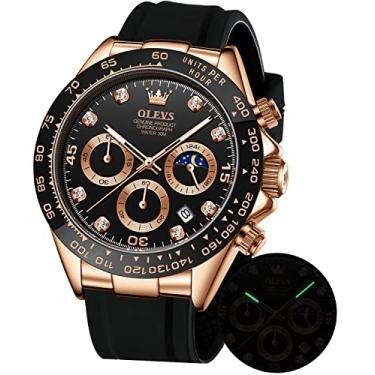 Imagem de OLEVS Relógio masculino cronógrafo multifunções esportivo de silicone luxuoso diamante fase da lua quartzo relógio de pulso à prova d'água.., Ouro rosa, preto, 1