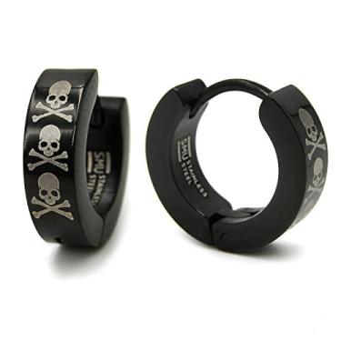Imagem de Par de brincos de argola preta de crânios de ossos cruzados de aço inoxidável