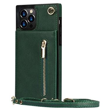 Imagem de Carteira com zíper para iPhone 13 12 Mini 14 11 X XR XS Pro Max 7 8 Plus Case com alça de cordão de cartão Capa de couro transversal, verde, para iPhone 12 Pro