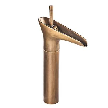 Imagem de LIDON Torneira de vaidade Torneira antiga Torneira de cachoeira Torneira de vaidade do banheiro Torneiras de cachoeira de furo único para pia de banheiro Torneira de cachoeira de latão antigo para pia, preto (cor: antigo)