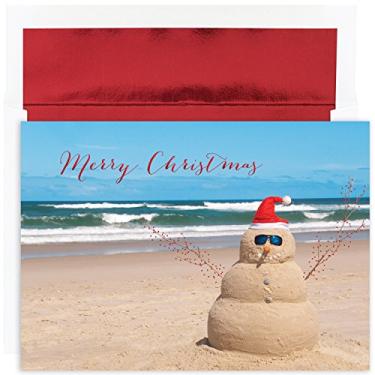 Imagem de Masterpiece Studios Cartões de Natal em caixa com 16 unidades da Warmest Wishes com envelopes revestidos de alumínio, 19,8 cm x 14,2 cm, boneco de neve de praia (872400)