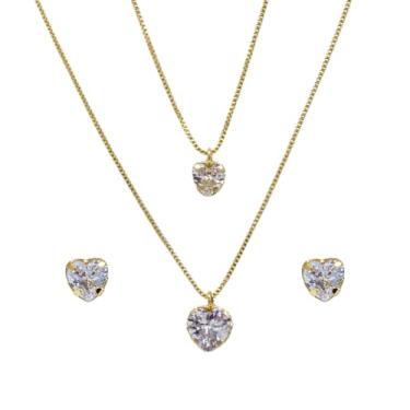 Imagem de Colar Duplo e Brinco Folheado a Ouro Coração Zircônia Semijoia