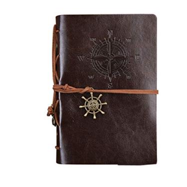 Imagem de 1 caderno de couro NUOBESTY náutico com pingentes clássicos, relevo vintage, espiral, diário de viagem, escrita, bloco de notas - pequeno (café)