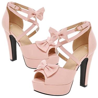 Imagem de Peep Toe sapato feminino salto grosso, com fivela, sapato escarpim e laço Lolita, Vermelho, rosa, 7
