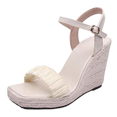 Imagem de Sandálias de plataforma de verão bico aberto salto alto femininas de palha tecida de sola grossa sandálias anabelas romanas com fivela sapatos (bege, 35)