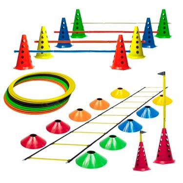 Imagem de 10 Cones C/ 5 Barreiras Desmontáveis + 10 Pratos + Escada Funcional Ajustável + 8 Argolas Agilidade Com Bolsa