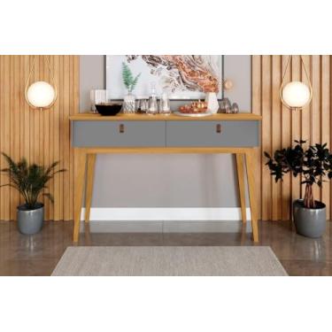 Imagem de Aparador/Bancada ABS Modelo Retrô Com Pés em Madeira Puxadores em Couro e 2 Gavetas Para Guardar Objetos Cor Cinza/Nature