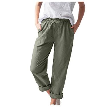 Imagem de Calça rodada para mulheres bolso sólido aperto feminino calças calças roupas casuais calças de algodão calças femininas de verão, Verde, GG