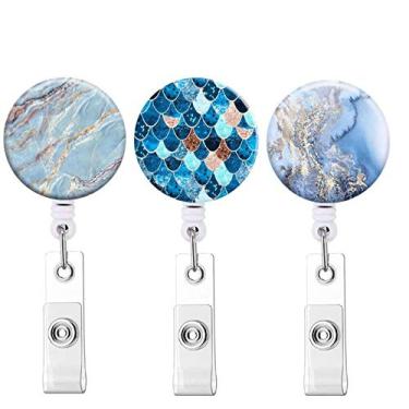 Imagem de Retrátil porta-crachás de identificação com presilha retrátil para escritório de enfermeira médica, Marble Blue 3-3, Small