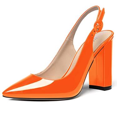 Imagem de WAYDERNS Sapatos femininos de couro envernizado bico fino tira no tornozelo salto alto bloco sapatos sexy vestido de casamento 4 polegadas, Laranja, 5