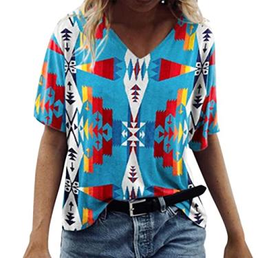 Imagem de Camisas ocidentais para mulheres com estampa solta asteca vintage étnica tribal geométrica Tops de verão Casual Blusa Camisa de manga curta Camisetas gráficas Top com Blusa O46-Azul Large