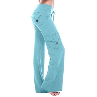 Imagem de BFAFEN Calça cargo feminina com bolsos, perna reta, calças de ioga, cintura ajustável, moda urbana, Calça cargo feminina larga azul, PP