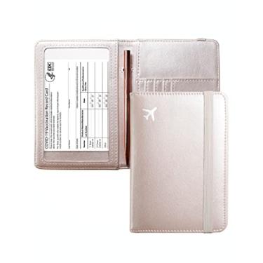 Imagem de Mymazn Combo porta-cartão de passaporte e vacina, carteira de viagem com porta-cartão de vacinação, capa para passaporte com bloqueio RFID, Rosa champanhe, Minimalista
