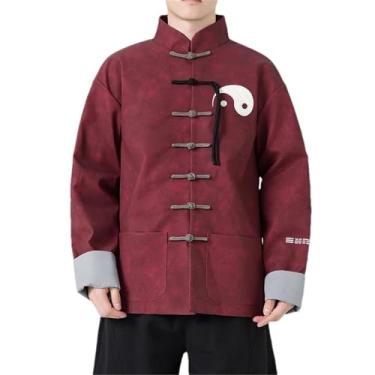 Imagem de Eesuei Jaqueta masculina estilo chinês bordado tai chi gola alta Hanfu jaqueta masculina outono inverno bandeja vintage casaco com botão, Vinho tinto, GG