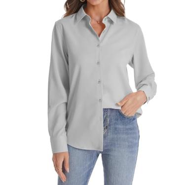 Imagem de J.VER Camisa feminina de botão manga longa sem rugas leve de chiffon sólido blusa de trabalho, Cinza claro, M