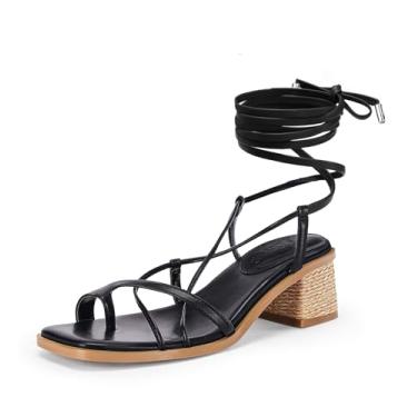 Imagem de Coutgo Sandália feminina gladiadora com cadarço e salto baixo grosso, alpargata, tiras para o verão, elegantes sapatos romanos, Preto, 38