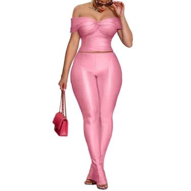 Imagem de Conjunto de duas peças para mulheres, sexy, ombro de fora, nó torcido, top cropped skinny, calça rodada, roupa de treino, rosa, G