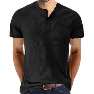 Imagem de Camiseta masculina de manga curta masculina Henry Shirt Top Roupas, Preto, G