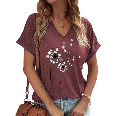 Imagem de Dandelion Shirts Camiseta feminina com gola V e girassol flores silvestres estampa casual, Vermelho, XXG