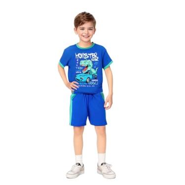 Imagem de Little Bitty Conjunto de 2 a 7 anos para meninos com estampa de dinossauro, camiseta e shorts de algodão e gola redonda, Carro dinossauro azul, 6Y