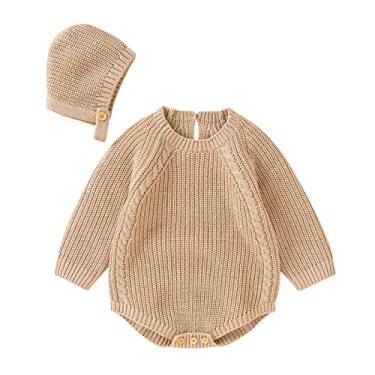 Imagem de Macaquinho de malha para bebês recém-nascidos com chapéu, macacão de manga comprida para meninos e meninas top outono inverno 0-18, Caqui, 0-3 Months