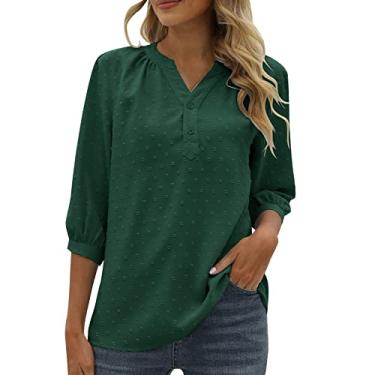 Imagem de Blusas femininas elegantes casuais para trabalho de negócios chiffon swizz dot camisa abotoada manga 3/4 gola V, Verde, M