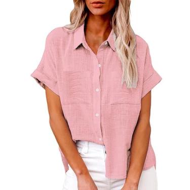 Imagem de Blusa feminina de linho de verão, gola V, abotoada, manga curta, lisa, básica, túnica casual de verão com bolsos, rosa, G