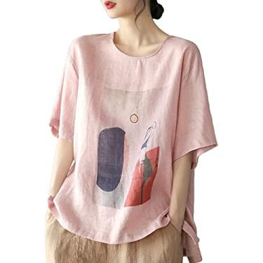 Imagem de Camisetas femininas estampadas de tamanho grande blusa de linho túnica casual solta trabalho verão 2024, rosa, GG
