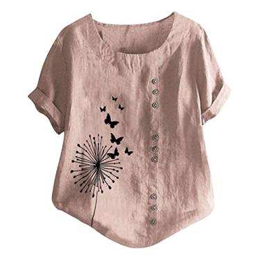 Imagem de Camiseta de verão feminina com estampa de dente-de-leão gola redonda blusas de linho caimento solto camiseta casual para sair, rosa, P