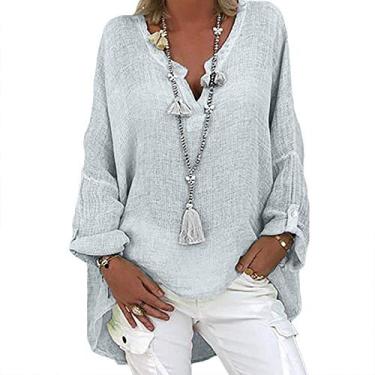 Imagem de Camisas femininas de linho casual gola V blusas de verão manga longa folgada lisa cor sólida túnica blusa de praia, Cinza - A, 4G