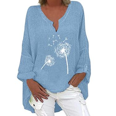 Imagem de Blusa feminina casual de linho de algodão com gola V, manga comprida, larga, caimento largo, blusa de trabalho, Azul-celeste, XXG