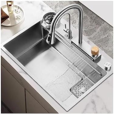 Imagem de Pia de cachoeira nano preta com lavadora de copo de vidro para estação de trabalho pia de cozinha casa de fazenda com torneira removível combo de aço inoxidável tigela única barra de utilidade para