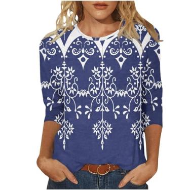 Imagem de Camiseta feminina de manga 3/4 com estampa de flores, gola redonda, casual, elegante, caimento solto, confortável, Azul escuro, XXG