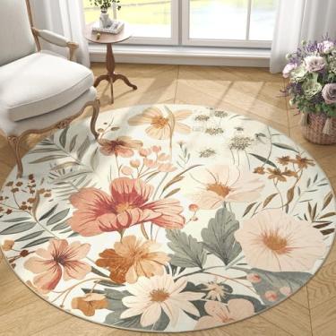 Imagem de jinchan Tapete redondo floral de 1,5 m, círculo interno, 1,5 m, redondo, lavável, moderno, estampa de flores orientais, tapete antiderrapante para sala de estar, sala de jantar, quarto, entrada